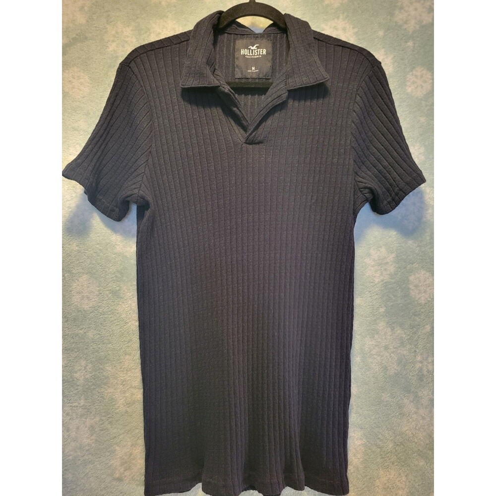Hollister Ribbed Polo Shirt Men's Medium Black Vneck Top Collar Preppy